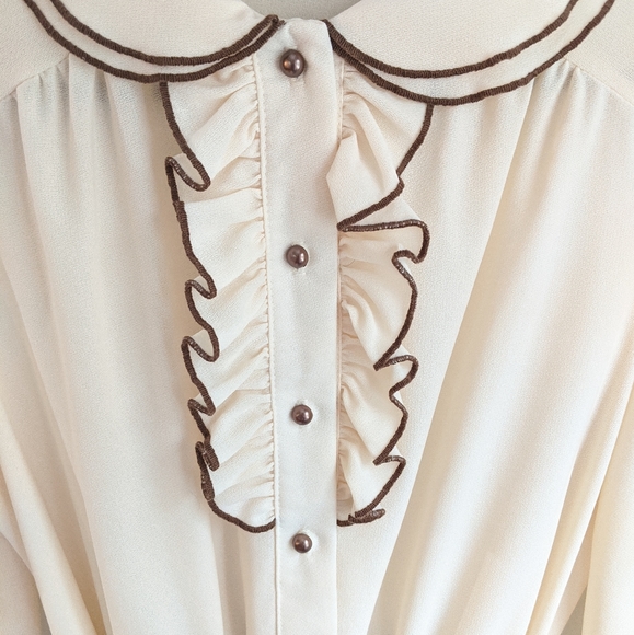 Vtg 70s/80s Brown/Cream Frilled Ruffled Boho Dress - Picture 10 of 12